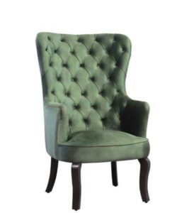 Elegant olive green velvet tufted wingback armchair by Flexi Seating Systems, providing luxurious seating for hotel lounges and guest rooms in New Town, West Bengal. Hotel furniture manufacturer for bulk/single orders.