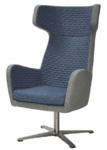Modern high-back swivel armchair by Flexi Seating Systems, featuring a blue textured fabric seat and back with light grey fabric wings and a polished metal base, ideal for hotel lounges or executive rooms in New Town, West Bengal. Hotel furniture manufacturer for bulk/single orders.