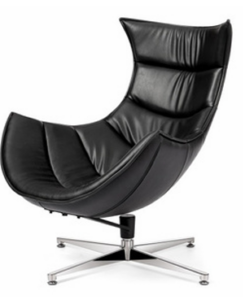 Striking black leather "Boomerang" lounge chair by Flexi Seating Systems with a unique curved design and a polished chrome swivel base, perfect for modern hotel lobbies and sophisticated guest rooms in New Town, West Bengal. Hotel furniture manufacturer for bulk/single orders.